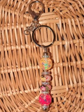 Beaded Heart Charm Keychain - Pink & Multicolor